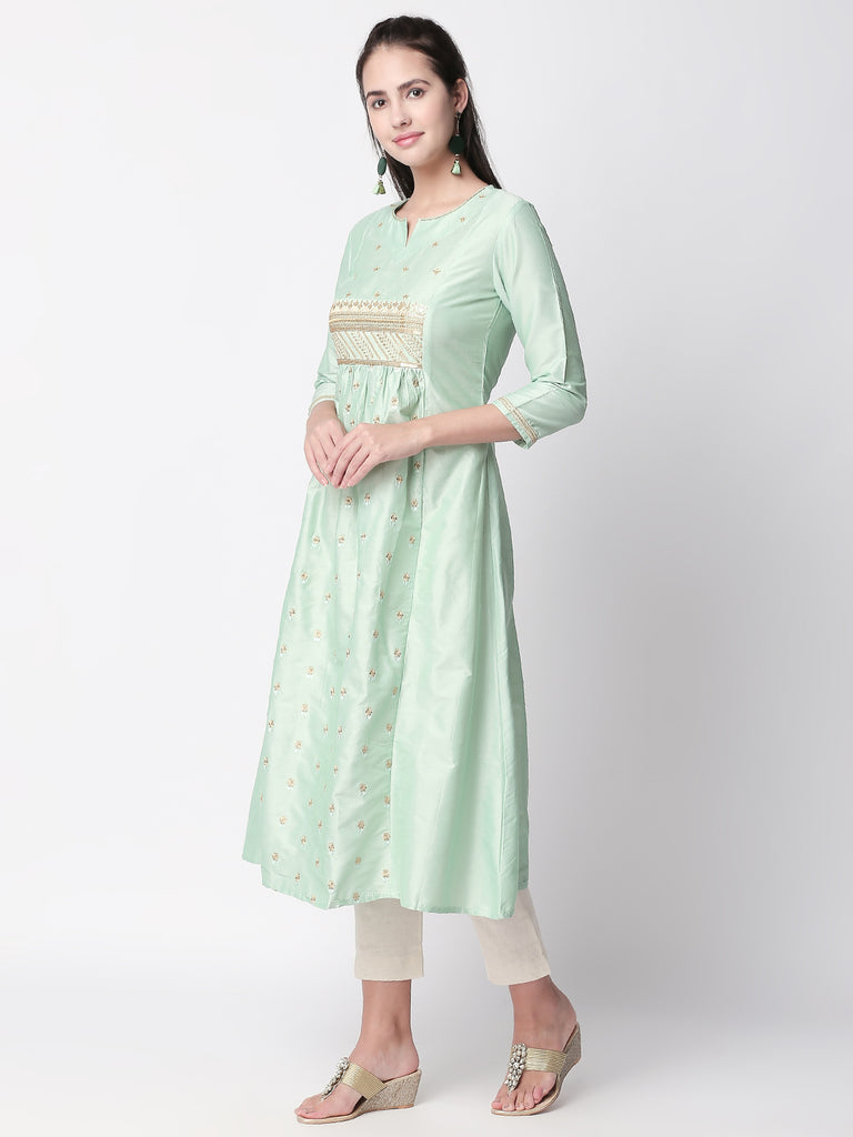 Festive Women A Line Three-Fourth Sap Green Kurta