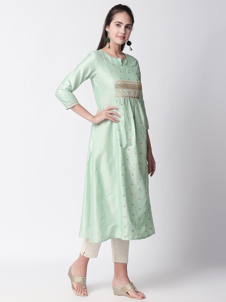 Festive Women A Line Three-Fourth Sap Green Kurta