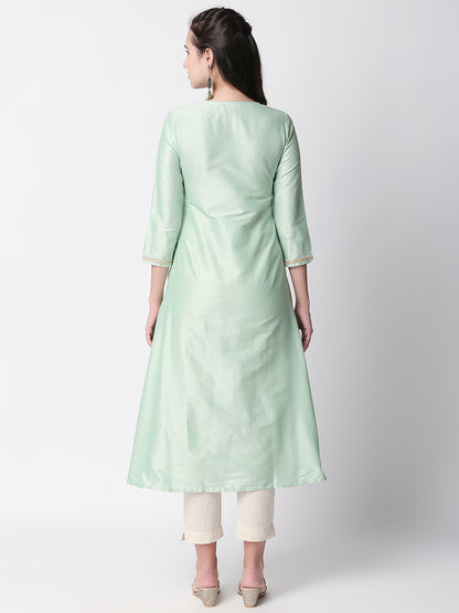 Festive Women A Line Three-Fourth Sap Green Kurta