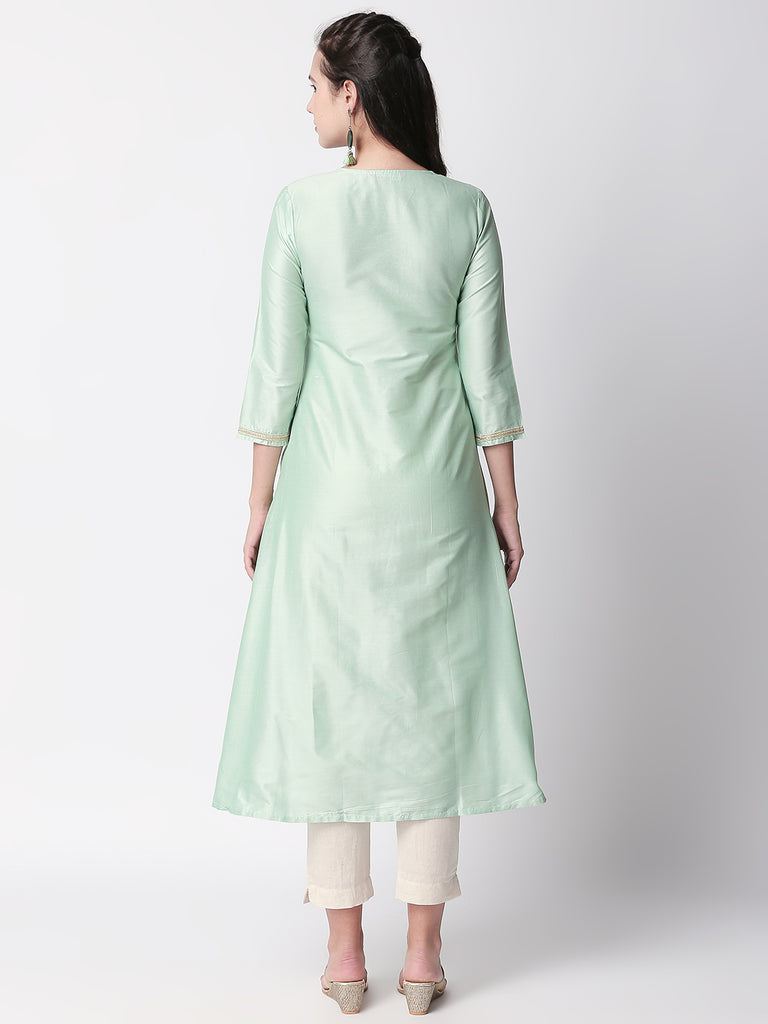 Festive Women A Line Three-Fourth Sap Green Kurta