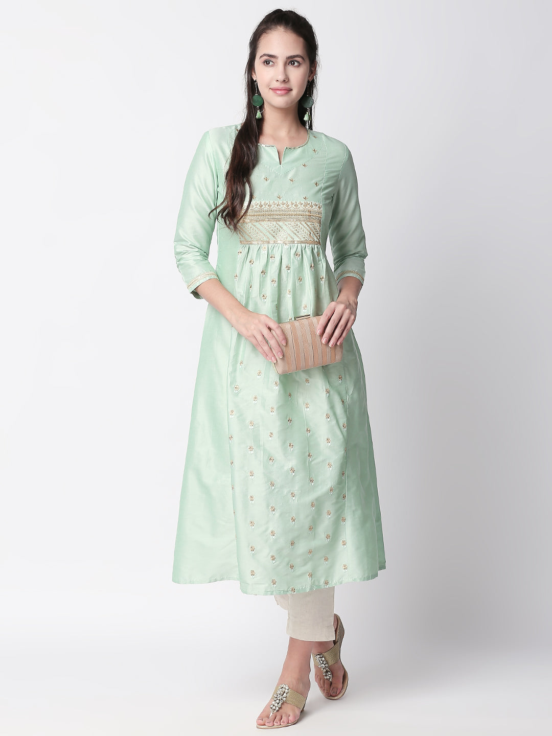 Festive Women A Line Three-Fourth Sap Green Kurta