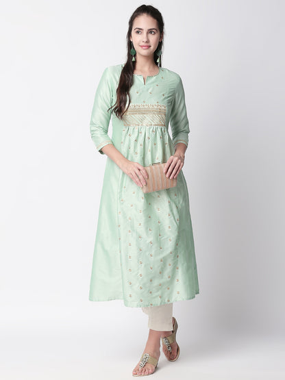 Festive Women A Line Three-Fourth Sap Green Kurta