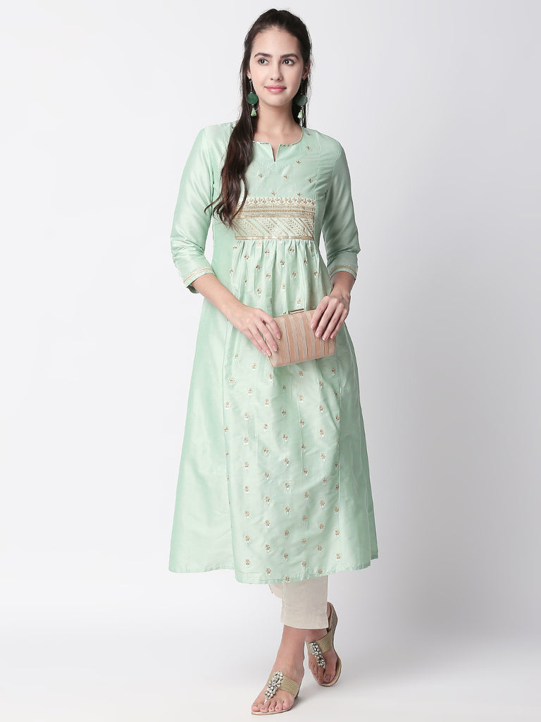Festive Women A Line Three-Fourth Sap Green Kurta