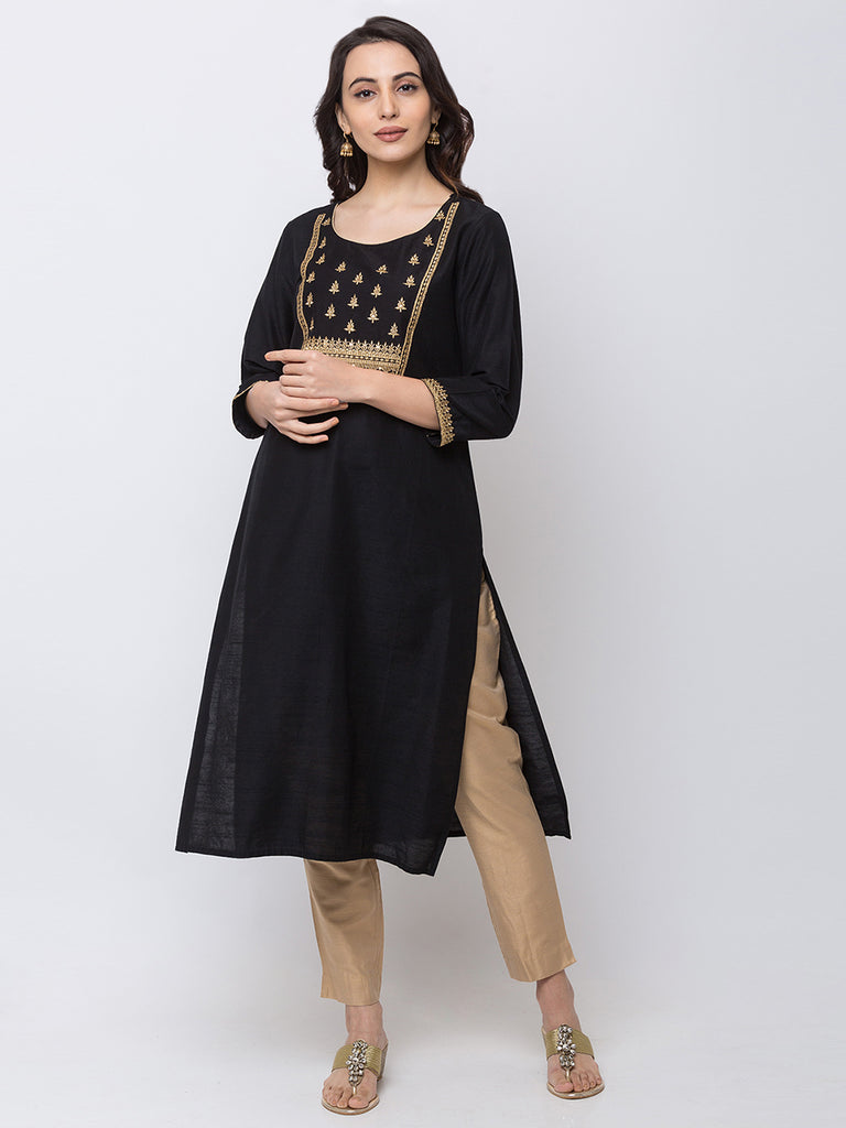 Women Straight Three-Fourth Black Kurta