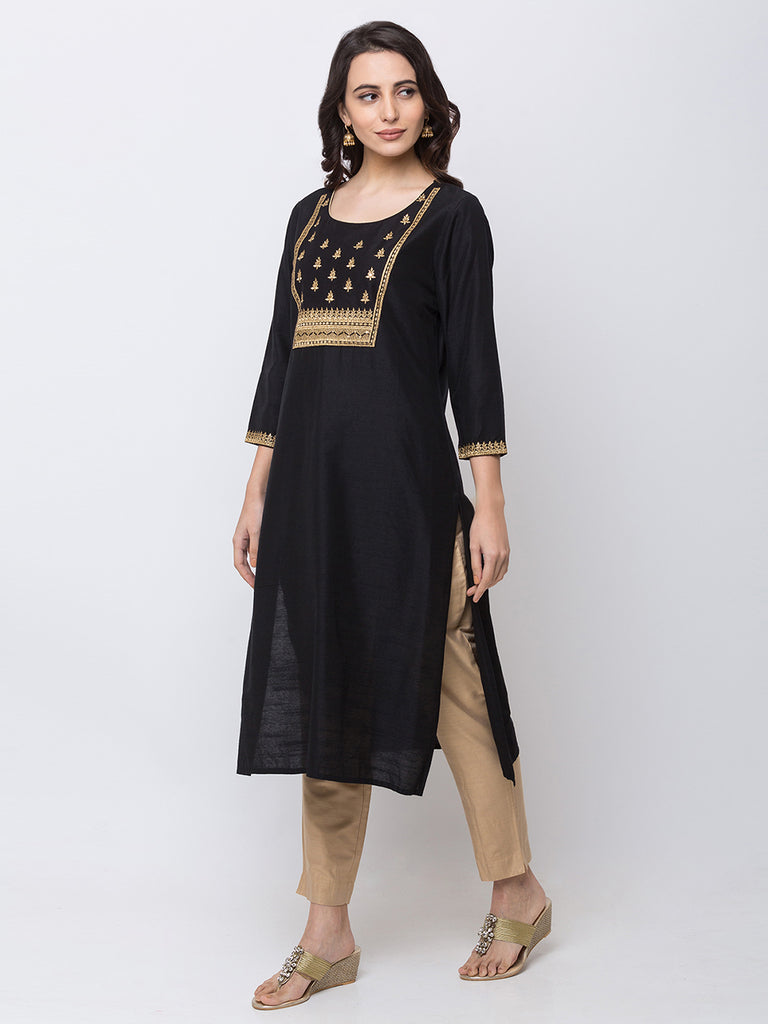 Women Straight Three-Fourth Black Kurta