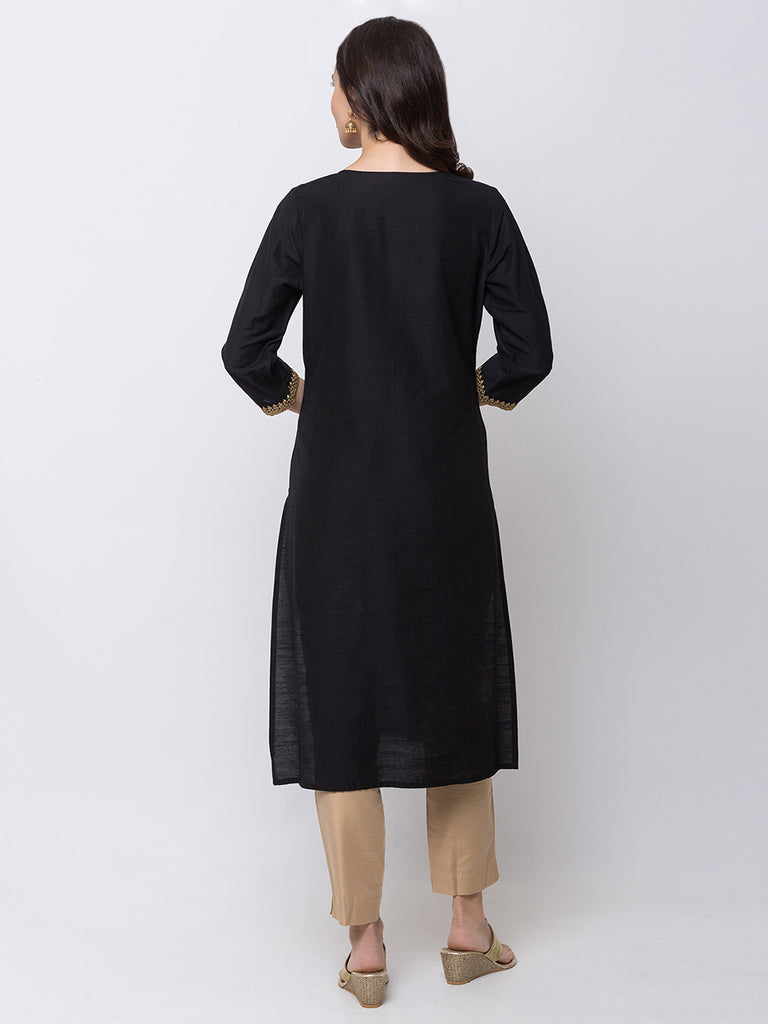 Women Straight Three-Fourth Black Kurta