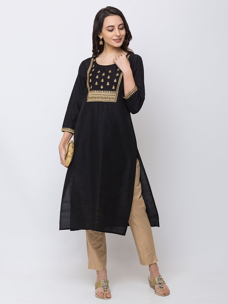 Women Straight Three-Fourth Black Kurta