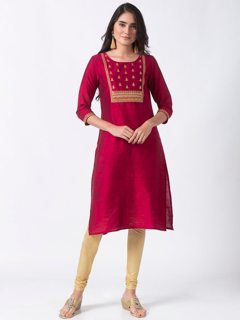 Women Straight Three-Fourth Magenta Kurta