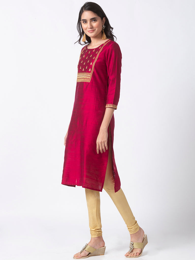 Women Straight Three-Fourth Magenta Kurta