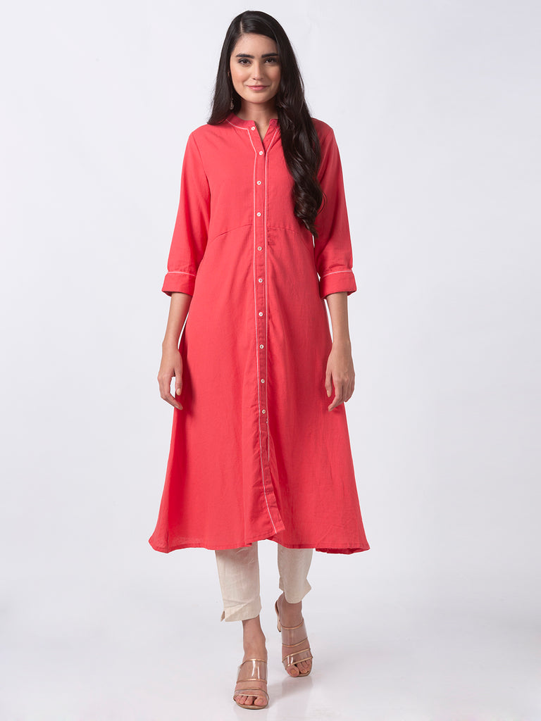 Women Straight Three-Fourth Coral Kurta