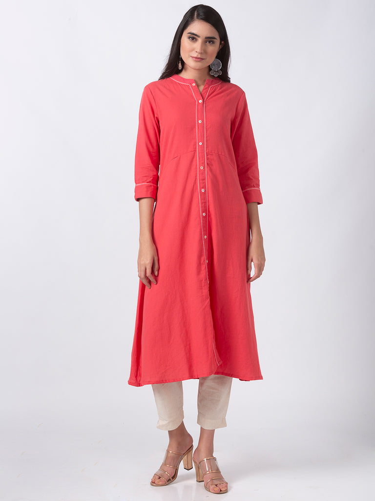 Women Straight Three-Fourth Coral Kurta