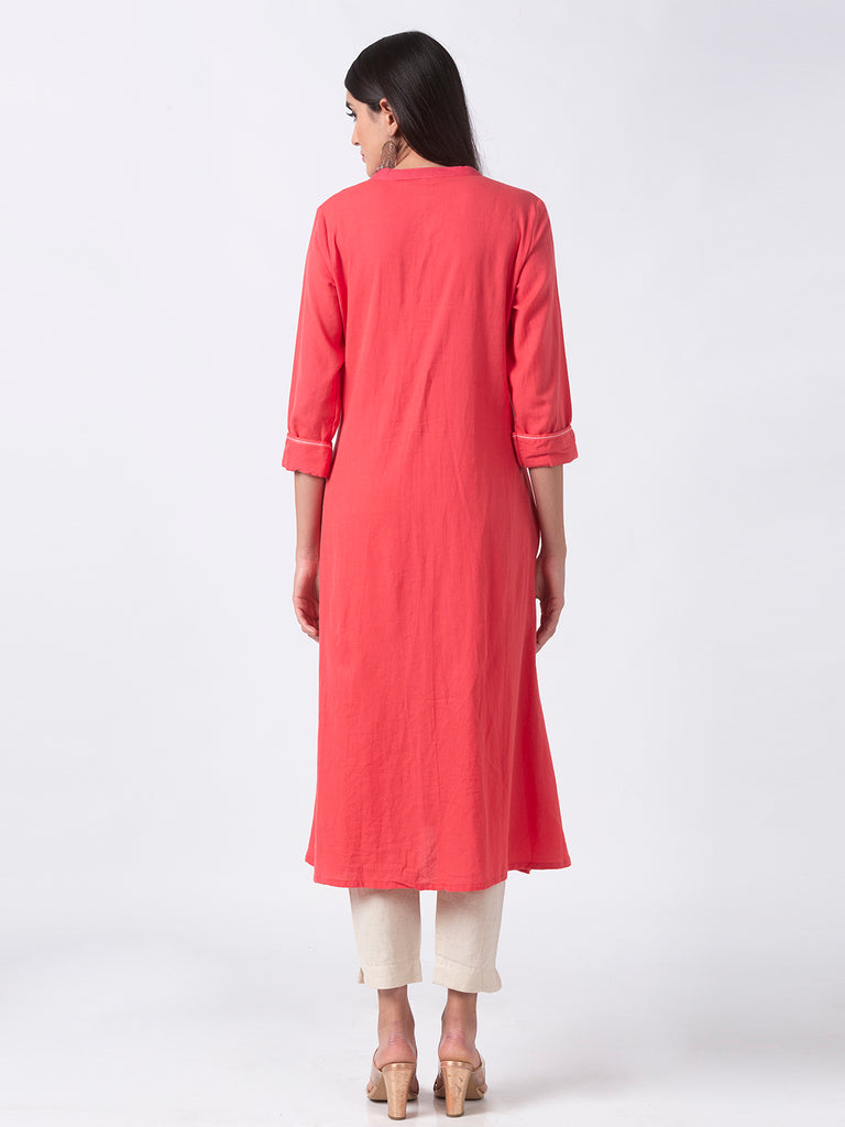 Women Straight Three-Fourth Coral Kurta