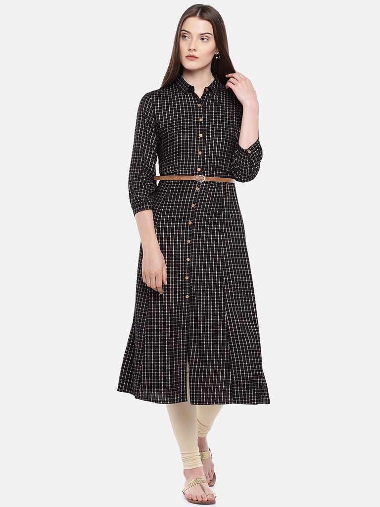 Women A Line Elbow Sleeve Black Kurta