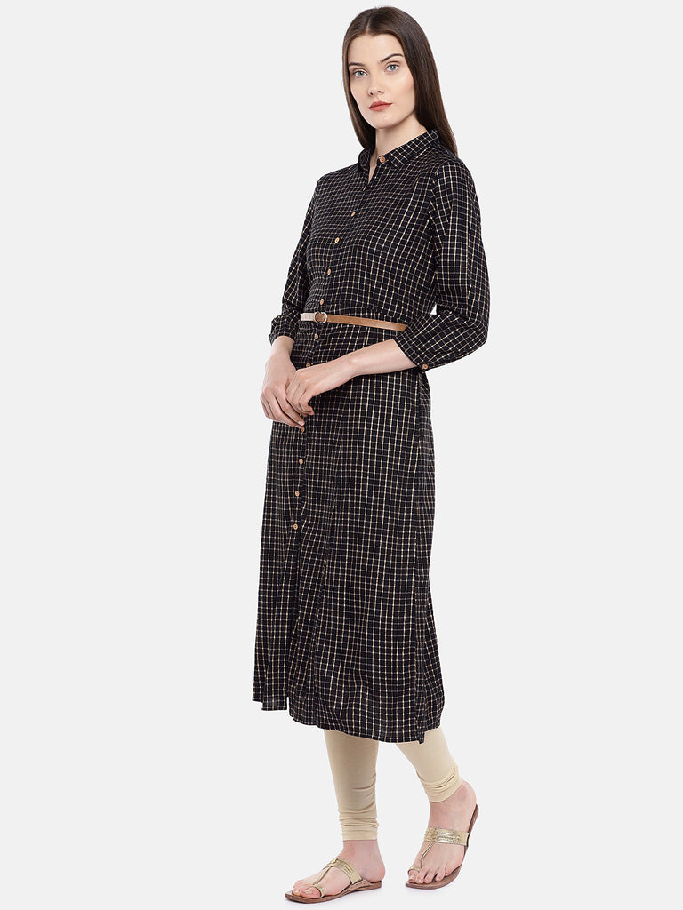 Women A Line Elbow Sleeve Black Kurta