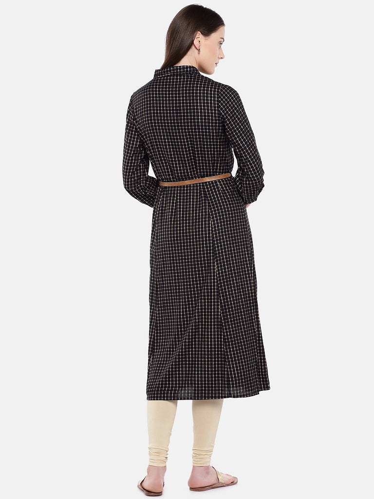 Women A Line Elbow Sleeve Black Kurta