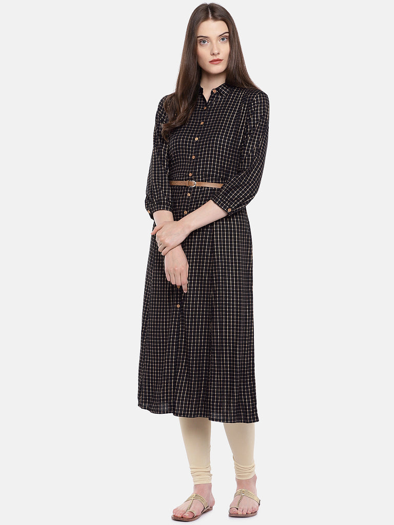 Women A Line Elbow Sleeve Black Kurta