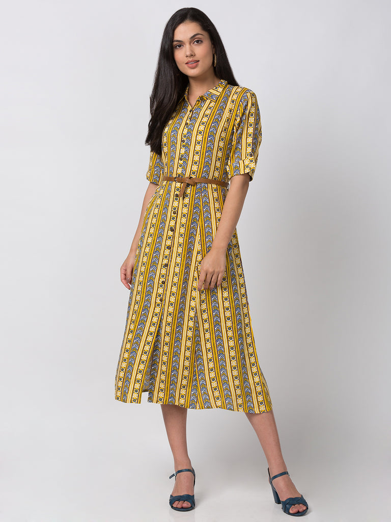Women A Line Three-Fourth Yellow Kurta