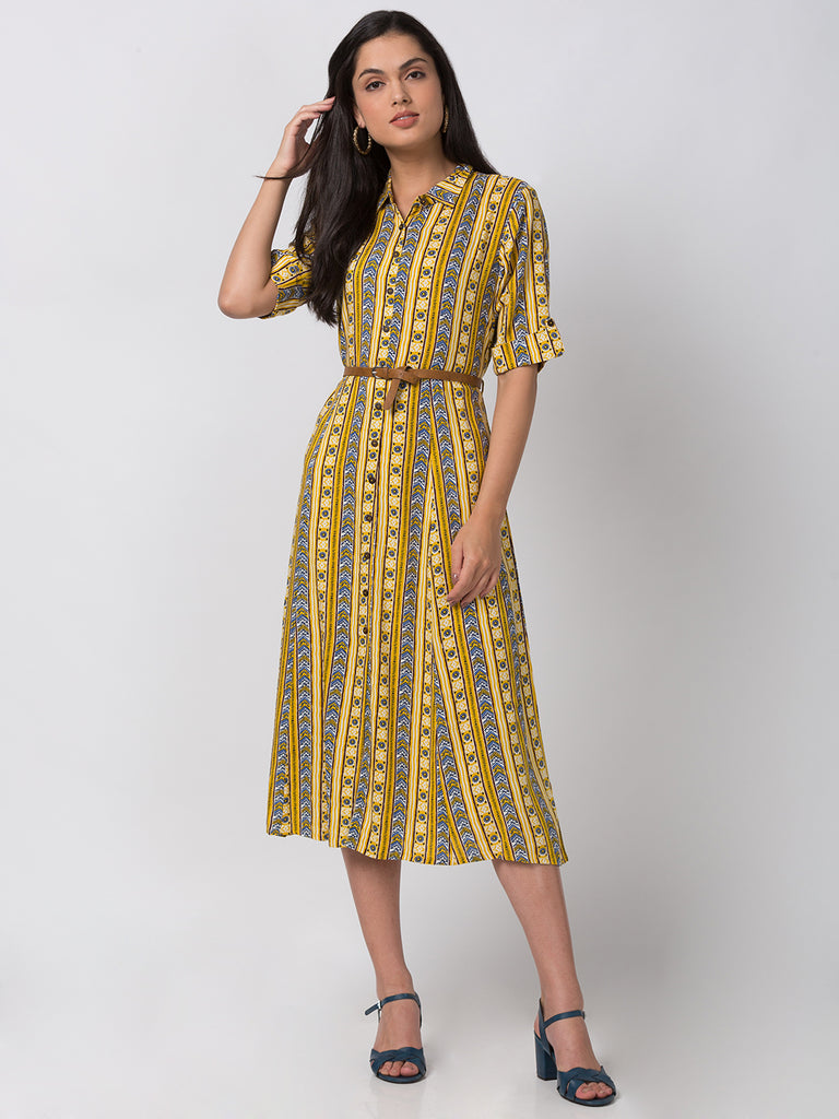 Women A Line Three-Fourth Yellow Kurta