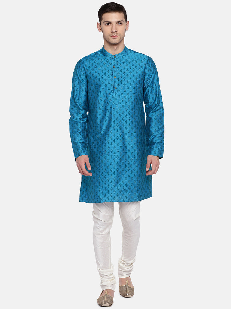 Men Straight Full Sleeve Teal Kurta