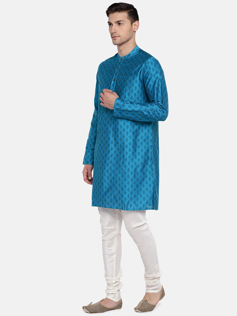 Men Straight Full Sleeve Teal Kurta