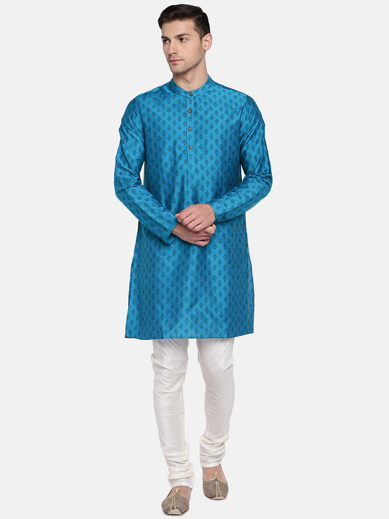 Men Straight Full Sleeve Teal Kurta