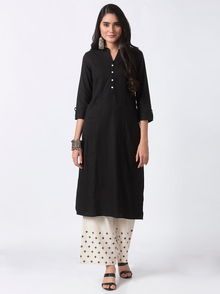 Core Women Straight Three-Fourth Black Kurta