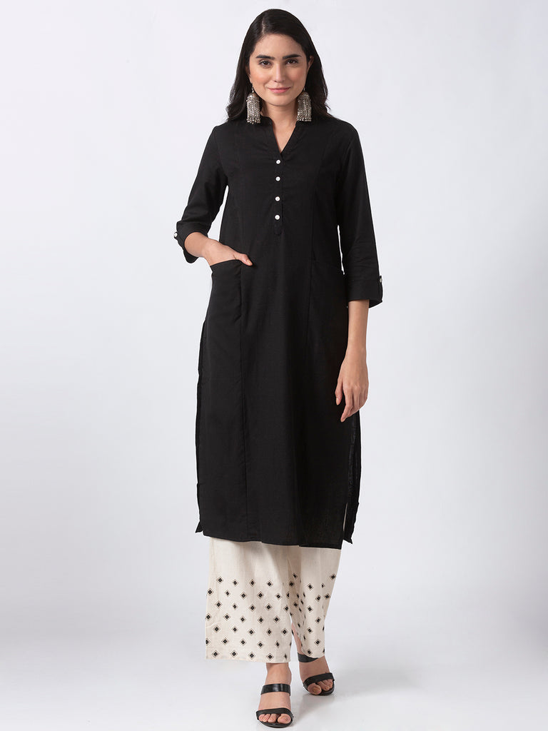 Core Women Straight Three-Fourth Black Kurta