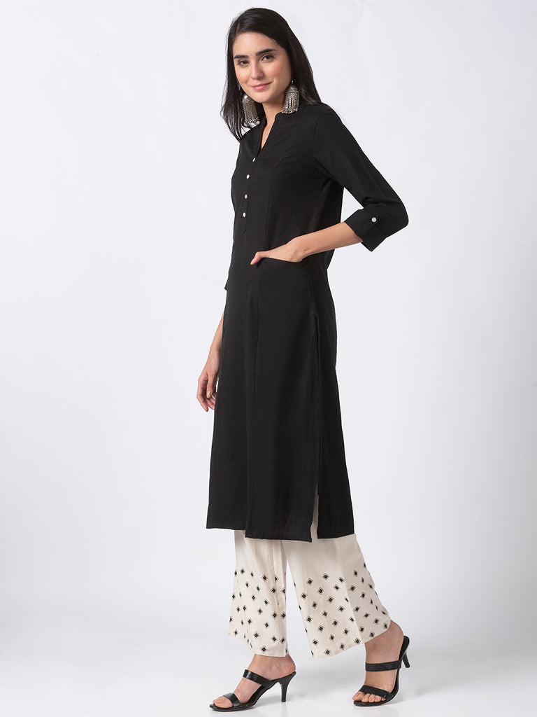 Core Women Straight Three-Fourth Black Kurta