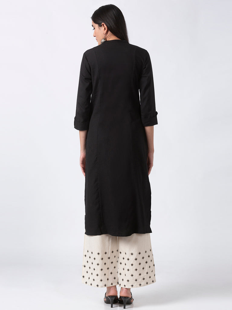 Core Women Straight Three-Fourth Black Kurta