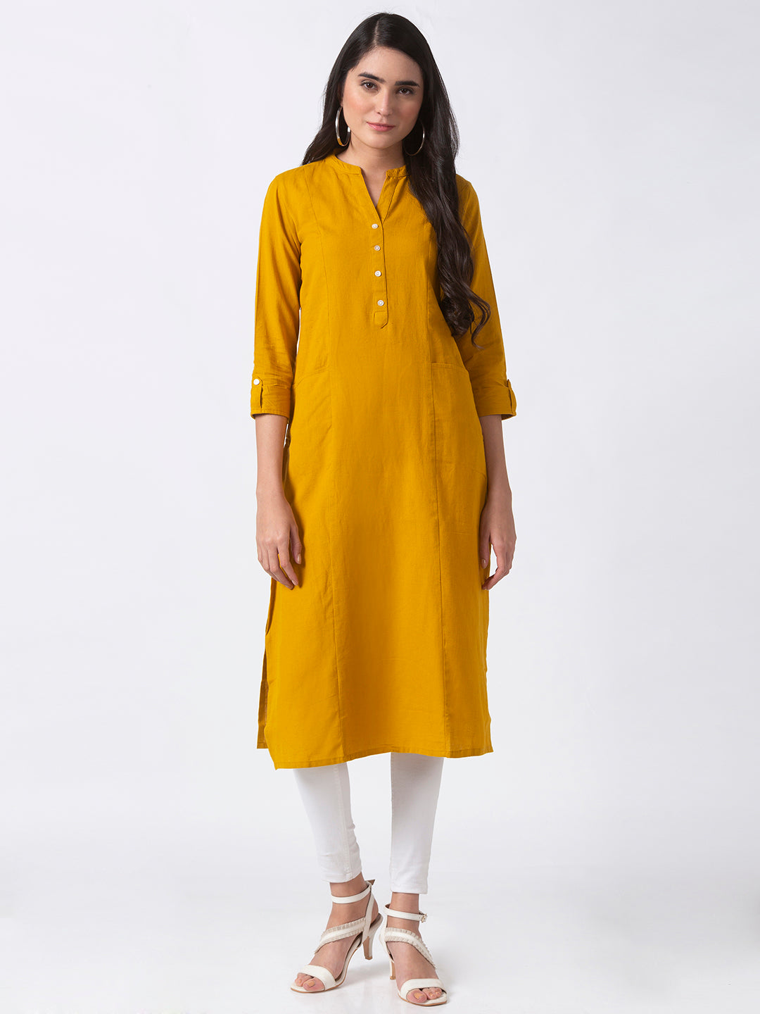Core Women Straight Three-Fourth Mustard Kurta