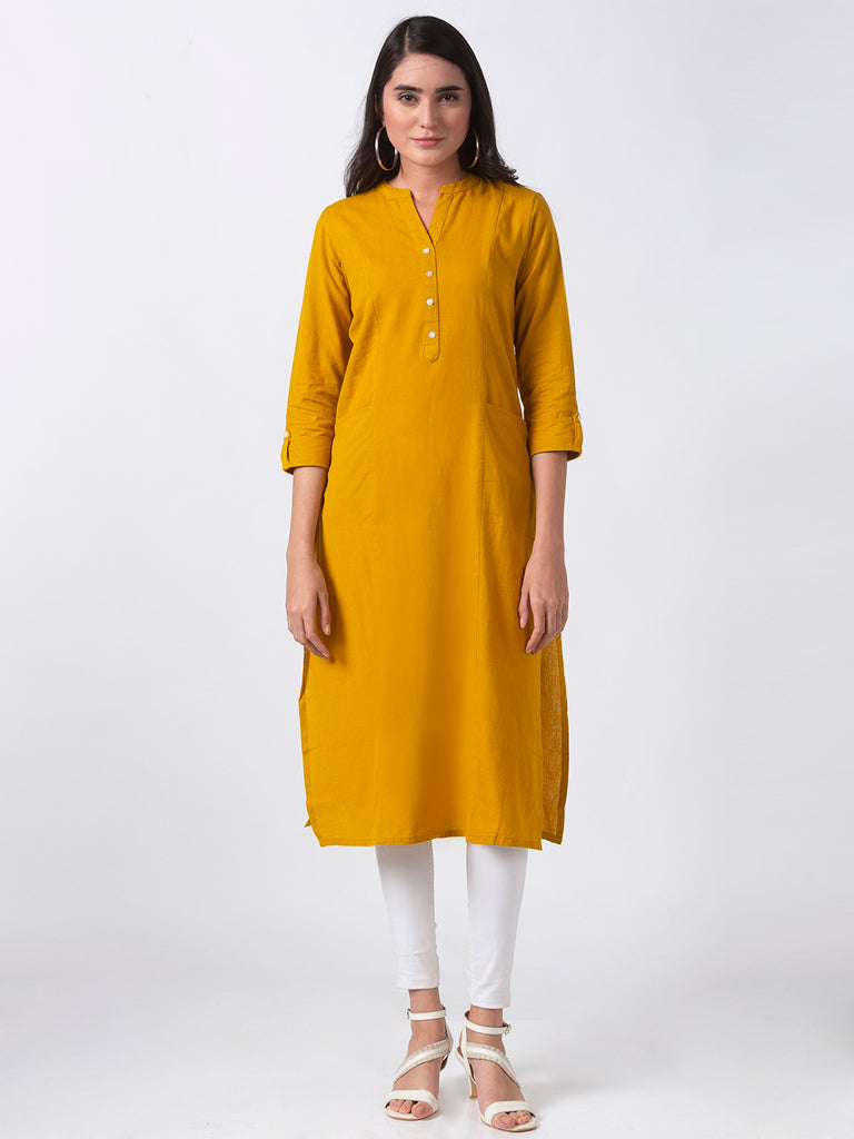 Core Women Straight Three-Fourth Mustard Kurta