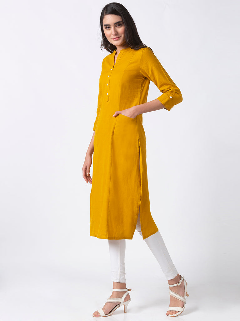 Core Women Straight Three-Fourth Mustard Kurta