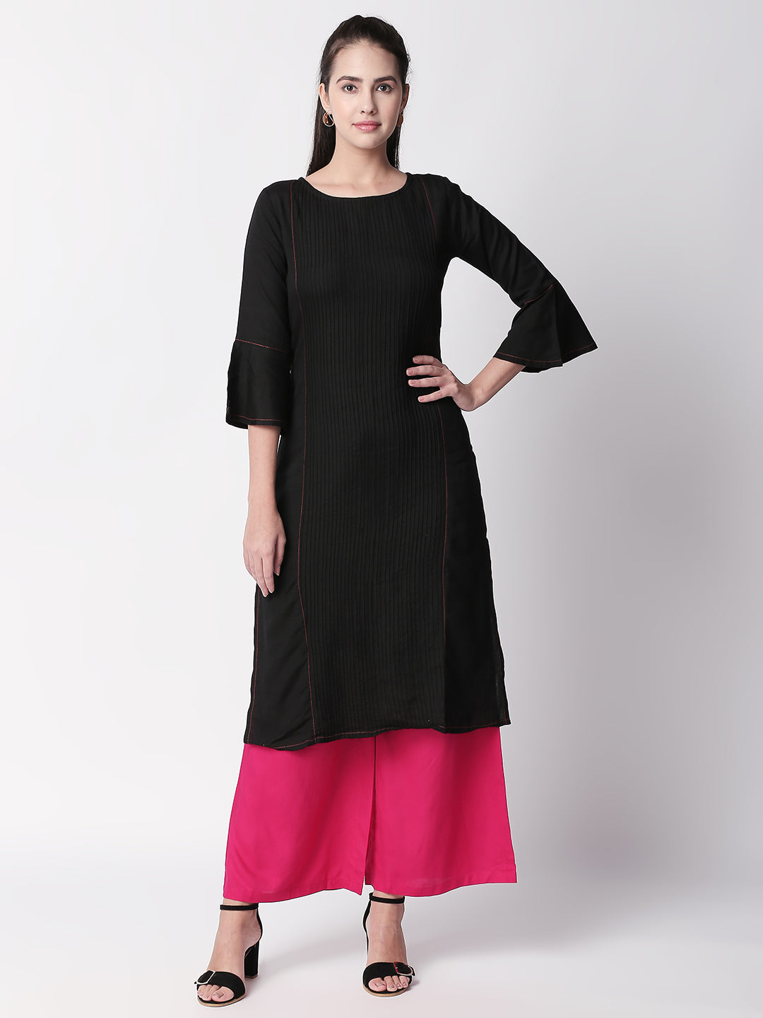 Women Straight Three-Fourth Black Kurta