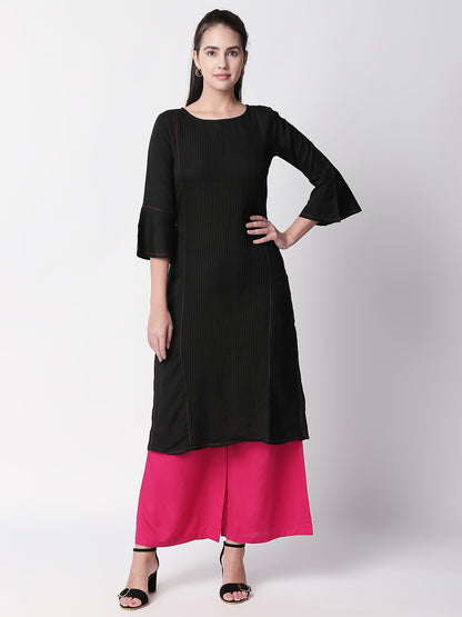 Women Straight Three-Fourth Black Kurta