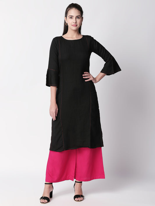 Women Straight Three-Fourth Black Kurta