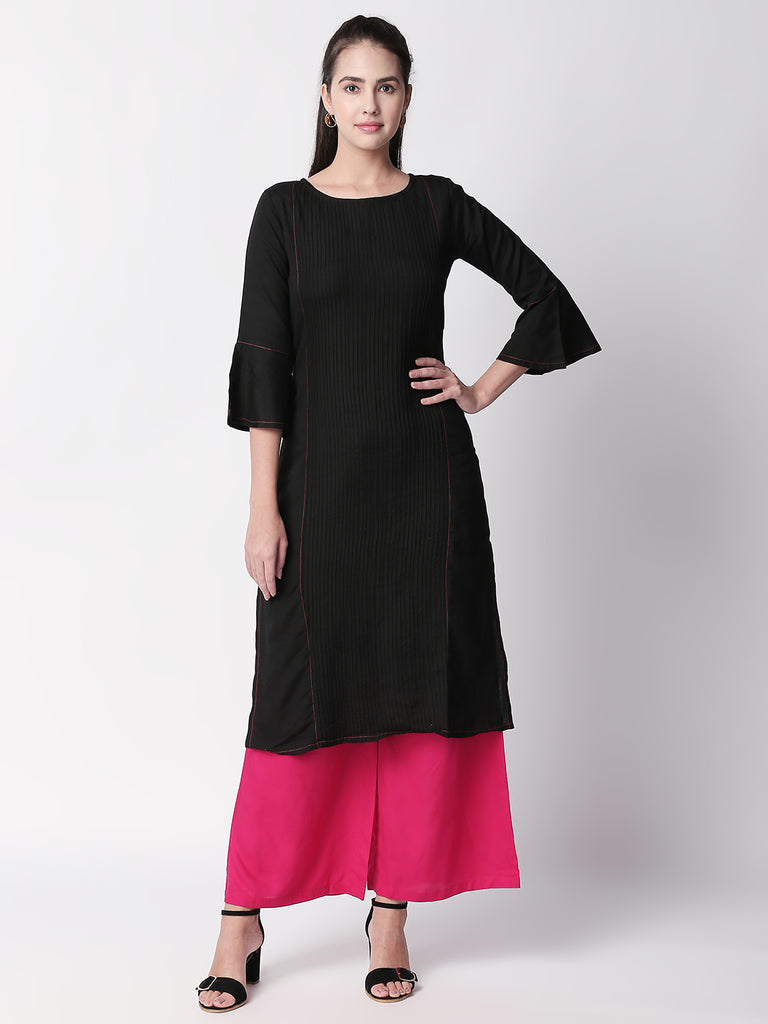 Women Straight Three-Fourth Black Kurta