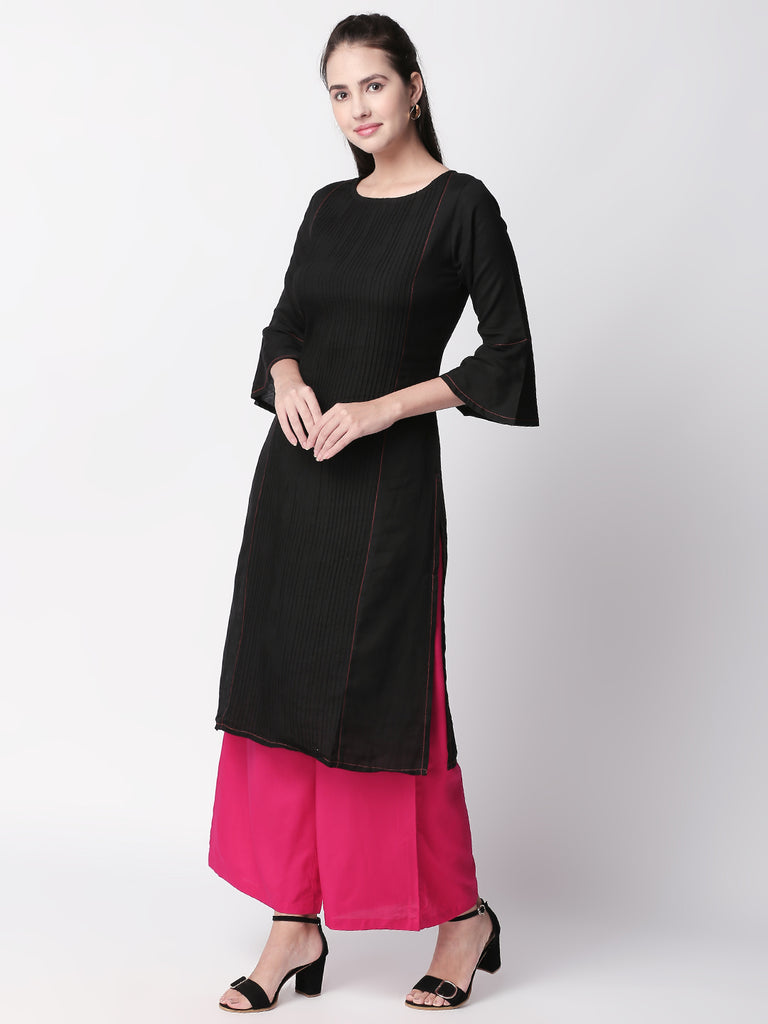 Women Straight Three-Fourth Black Kurta