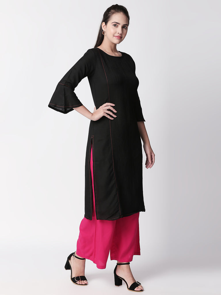 Women Straight Three-Fourth Black Kurta