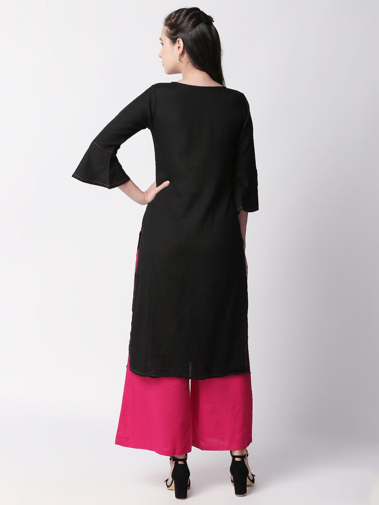 Women Straight Three-Fourth Black Kurta
