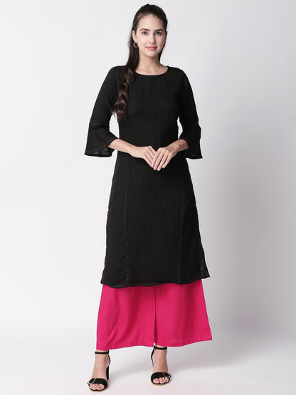 Women Straight Three-Fourth Black Kurta