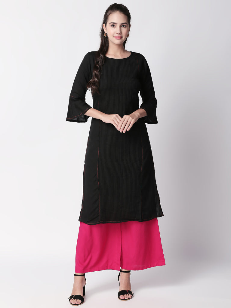 Women Straight Three-Fourth Black Kurta