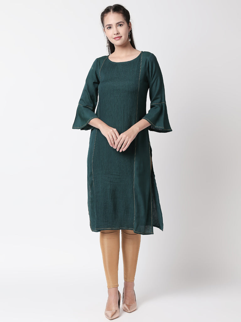Women Straight Three-Fourth Forest Green Kurta