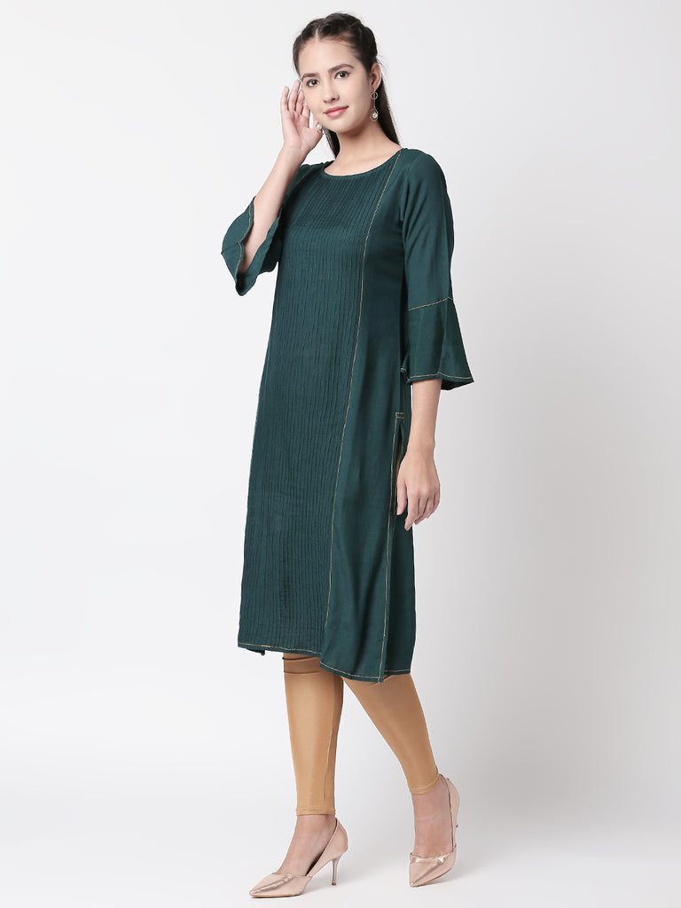 Women Straight Three-Fourth Forest Green Kurta