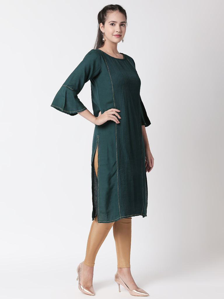 Women Straight Three-Fourth Forest Green Kurta