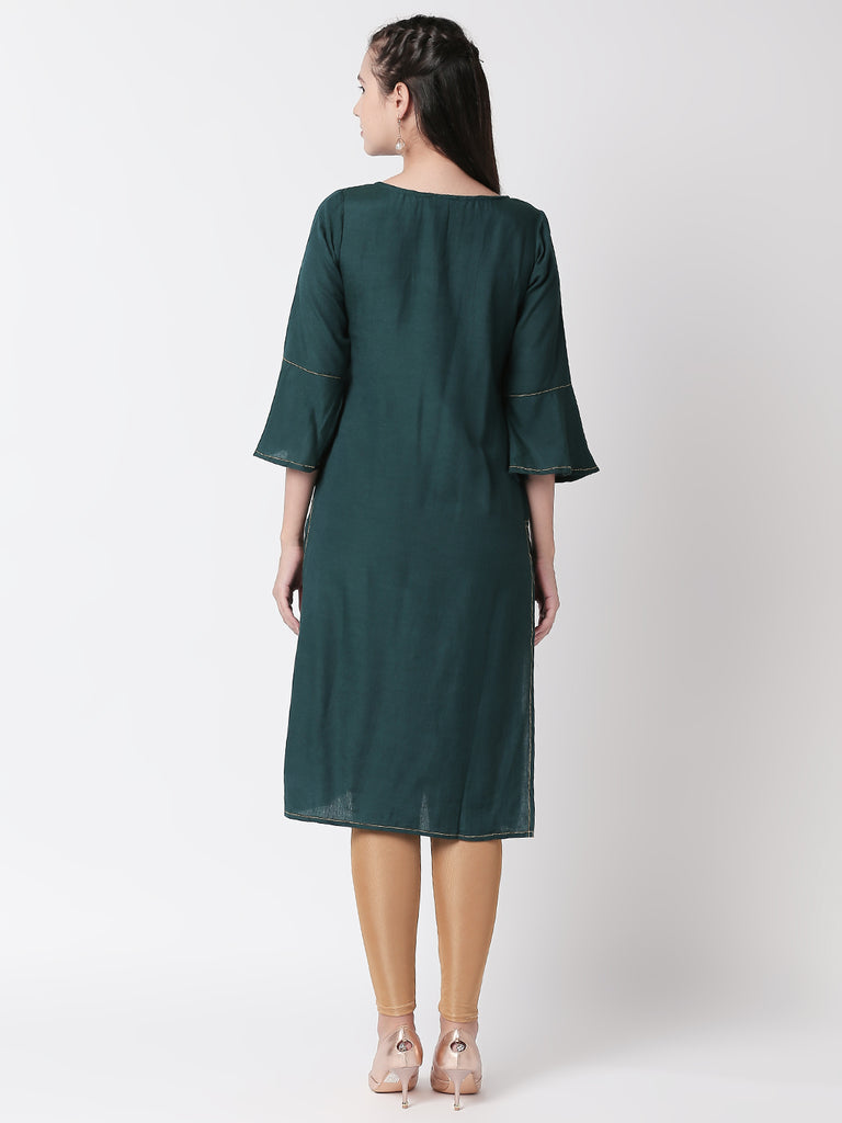 Women Straight Three-Fourth Forest Green Kurta