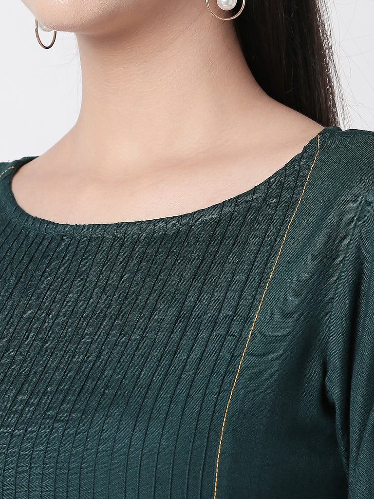Women Straight Three-Fourth Forest Green Kurta