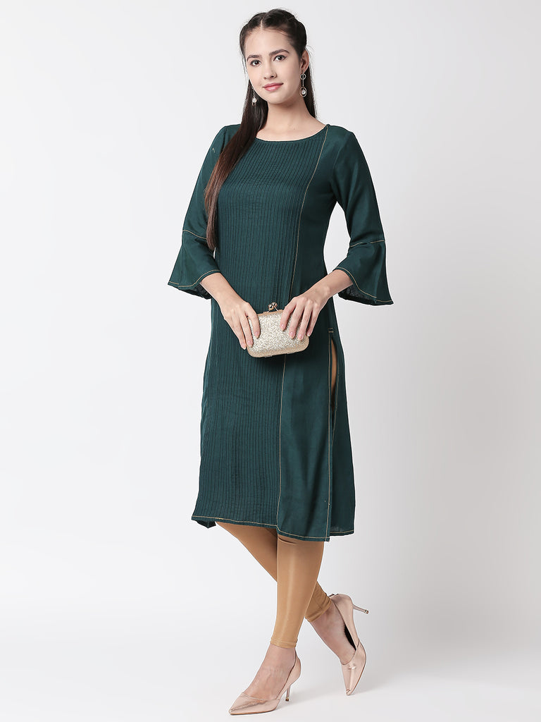 Women Straight Three-Fourth Forest Green Kurta