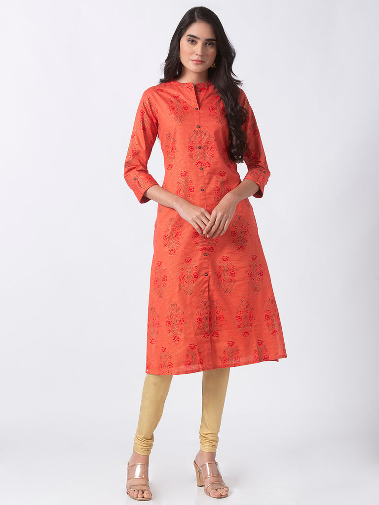 Women Straight Three-Fourth Coral Kurta