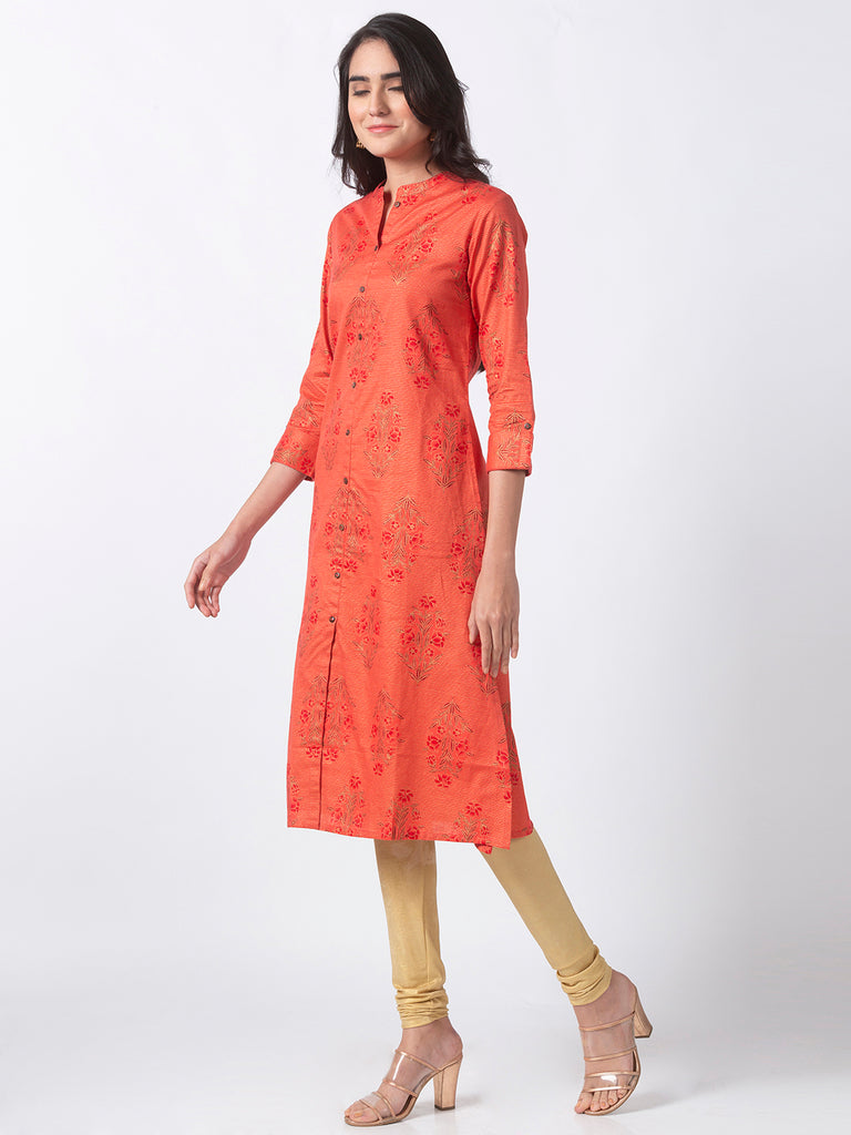 Women Straight Three-Fourth Coral Kurta