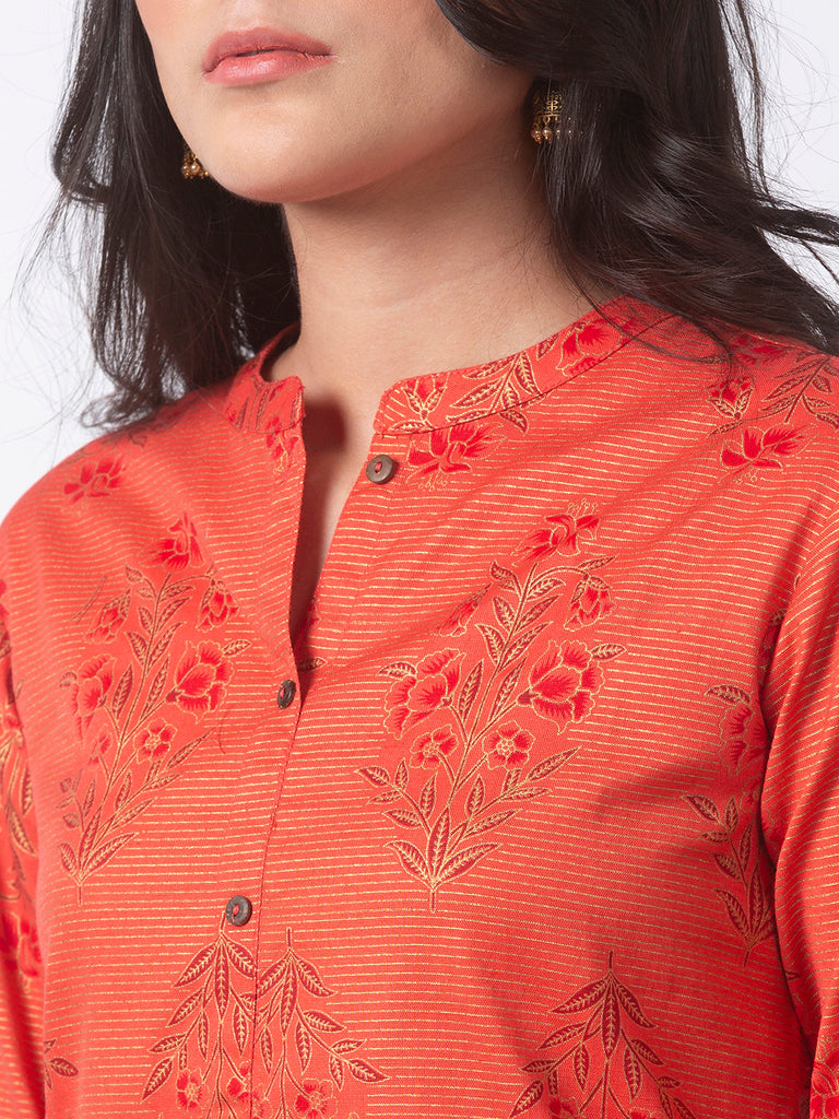 Women Straight Three-Fourth Coral Kurta